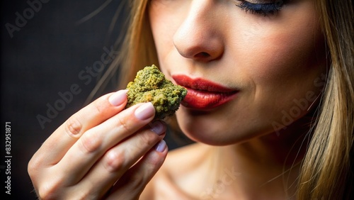 Close-up of a female model smelling a dried cannabis nug photo