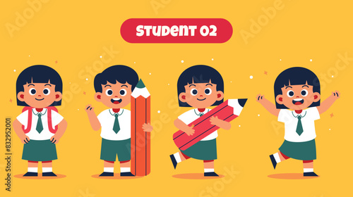 Cute Student with Various Activity at School. Back to School