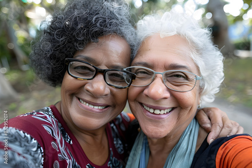 Selfie portrait of two diverse active senior women smiling and looking at the camera in a park.