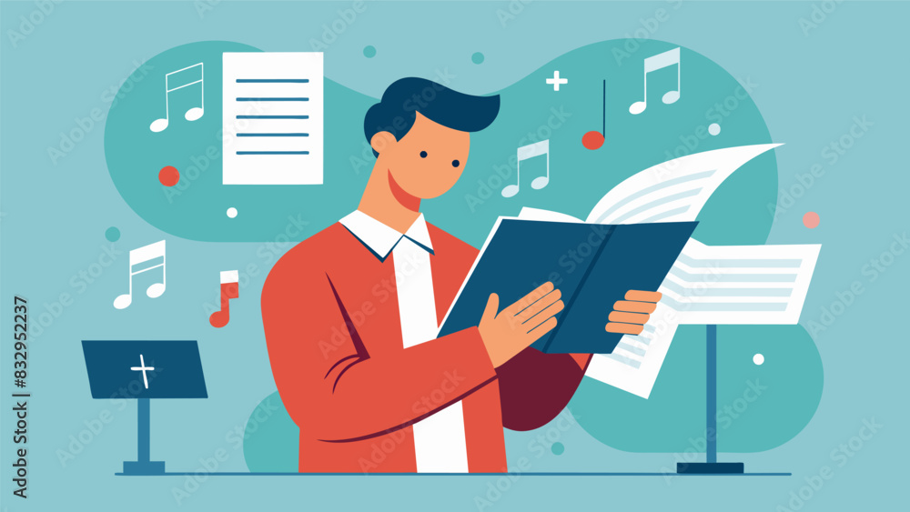 With a stack of sheet music beside them the church musician carefully arranges notes and lyrics crafting a new song for the congregation to sing.. Vector illustration With a stack of sheet music beside them the church musician carefully arranges notes and lyrics crafting a new song for the congregation to sing.. Vector illustration