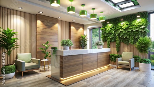 Modern homeopathy clinic reception area with green plants  contemporary design  and inviting atmosphere