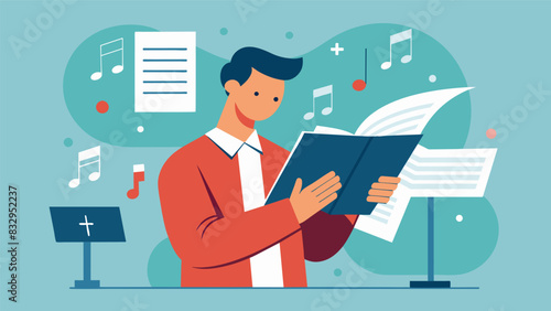 With a stack of sheet music beside them the church musician carefully arranges notes and lyrics crafting a new song for the congregation to sing.. Vector illustration