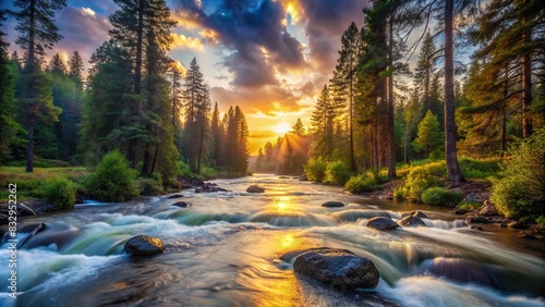 Tranquil forest setting with rushing river at sunset photo
