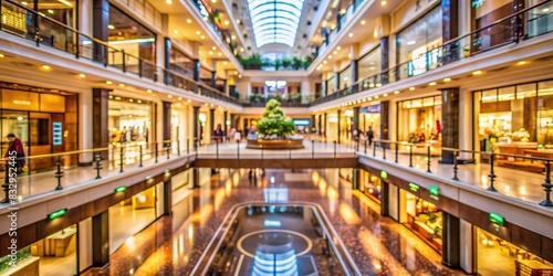 Abstract blur and bokeh luxury shopping mall interior with no people photo