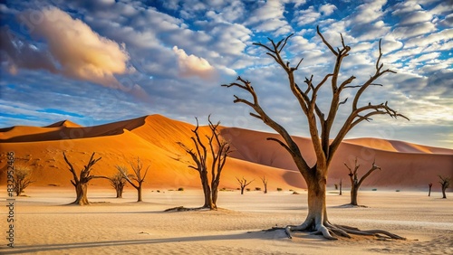 Desert landscape of Sossusvlei with dramatic sand dunes and dead acacia trees