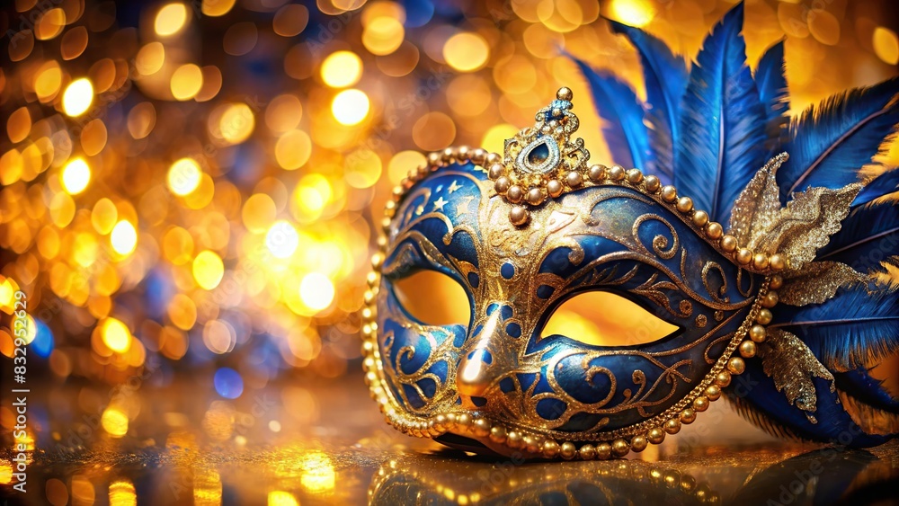 Luxury blue and golden carnival mask with abstract blurred golden background