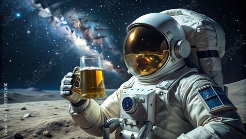Astronaut in spacesuit drinking beer on the moon s surface