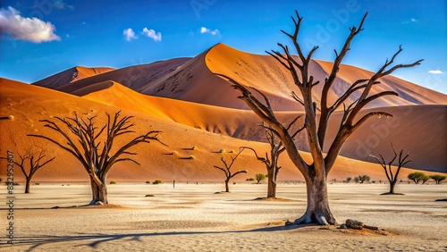 Desert landscape of Sossusvlei with dramatic sand dunes and dead acacia trees photo