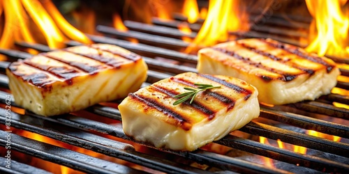 Close-up view of grilled halloumi cheese on a BBQ grill grate with fire flames in the background photo