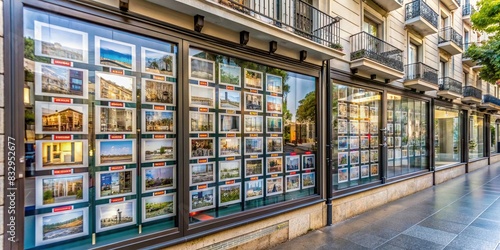 Real estate agency showcase with ads of flats for sale or rent in Barcelona, Spain photo