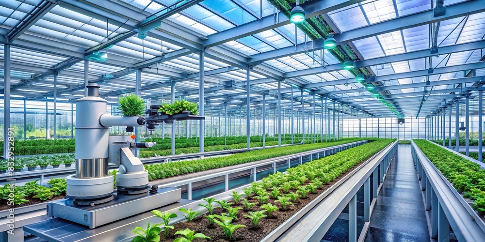 Futuristic agricultural technology in a greenhouse with scientific plant research equipment