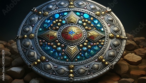 medieval titanium shield, with small precious stones, and biblical seal designs