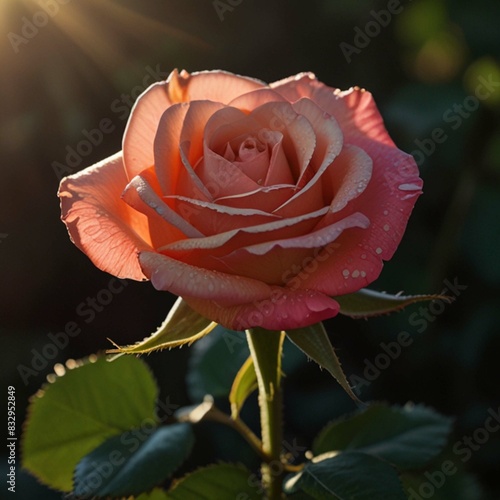 A red rose flower with morning sunlight.