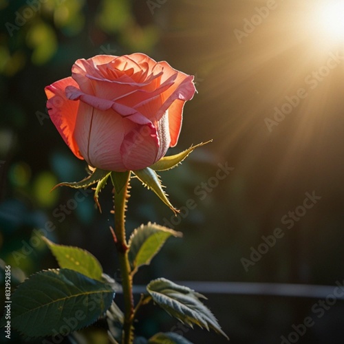 A red rose flower with morning sunlight