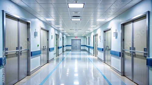 Empty hospital corridor with doors and signs