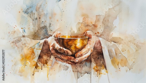 Jesus holding the chalice, watercolor painting.