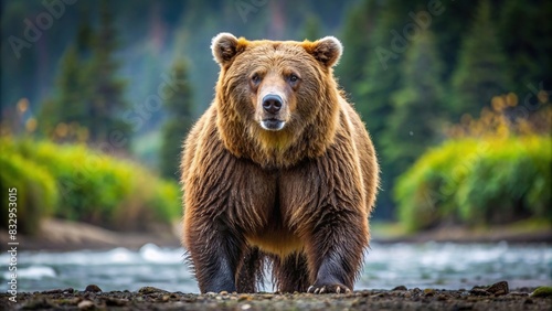 Ferocious brown grizzly bear standing on a background photo