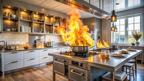 A stock photo of a kitchen on fire in a residential setting