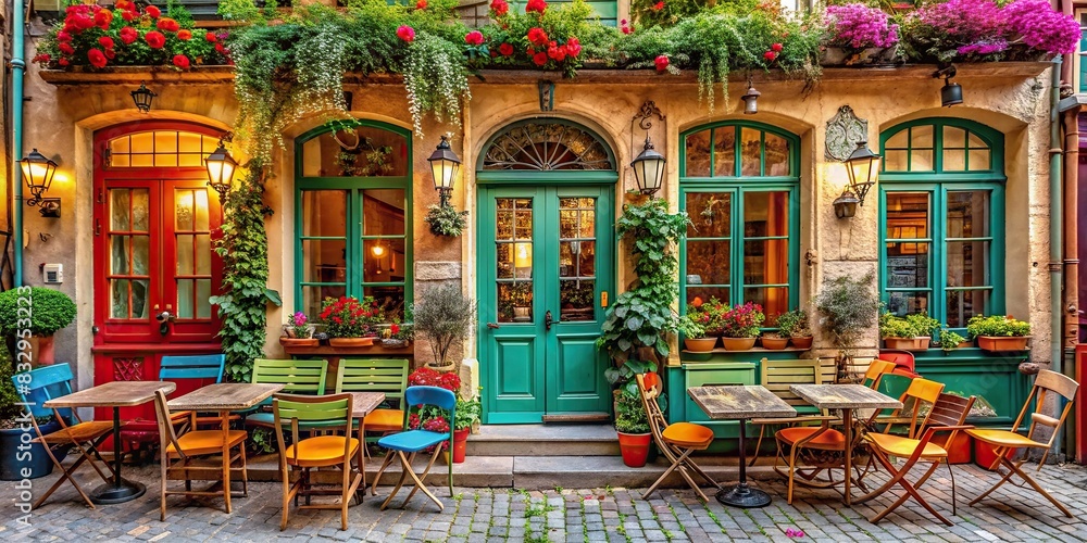 Bohemian and French style coffee house exterior with colorful accents and vintage charm