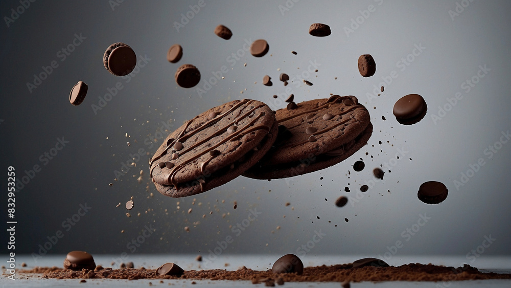 chocolate biscuits floating in an explosion in the air on a blue-green background, concept food chocolate biscuits floating in an explosion in the air on a blue-green background, concept food