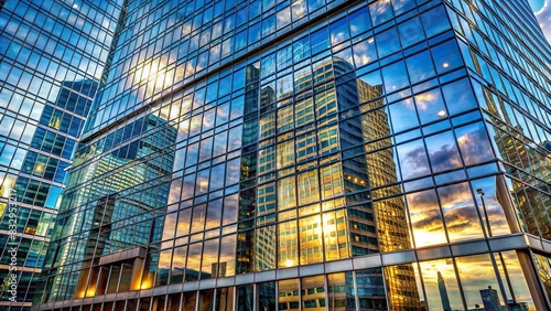 Reflective skyscraper covered in glass windows in the business office center of a big city