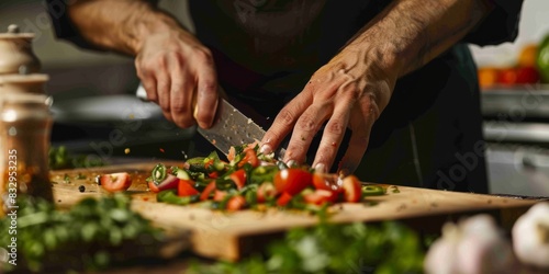 A close-up of a chef's hands expertly chopping fresh vegetables on a wooden cutting board.