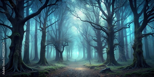 Horror dark forest with creepy trees, fog, and eerie atmosphere photo