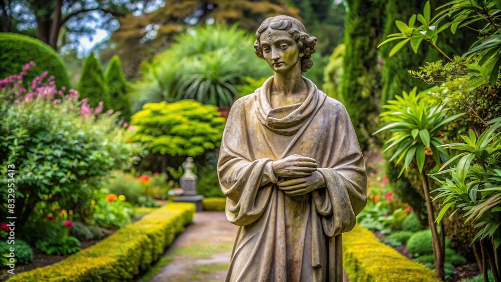 Statue of a person with a blank expression standing in a serene garden
