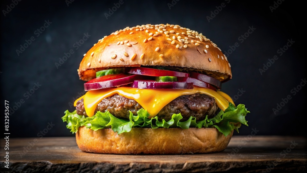 Close-up view of a fresh beef burger with cheese on a black background