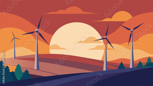 Like a dance in the sky the wind turbines sway gracefully in the warm light of the setting sun.. Vector illustration