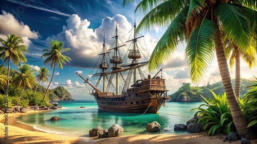 Detail 2 A majestic vintage pirate ship docked at a deserted island with palm trees and crystal clear water photo