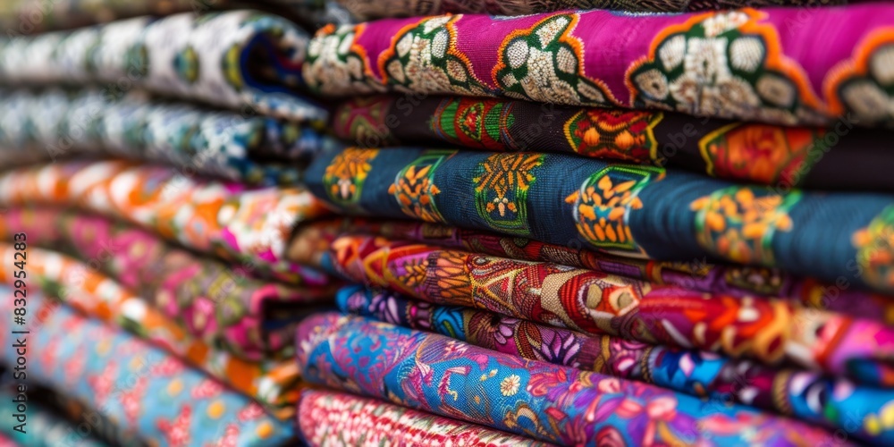 A close-up of a traditional colorful stack of patterned fabrics in a market stall. A close-up of a traditional colorful stack of patterned fabrics in a market stall.