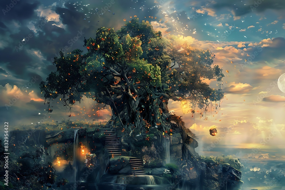 A digital painting of a mythical land where wealth grows on trees