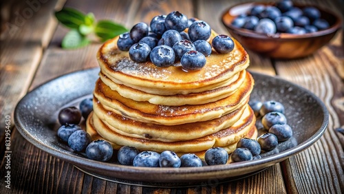 Fluffy pancakes with blueberries on a rustic plate in bright daylight, perfect for Pancake Day