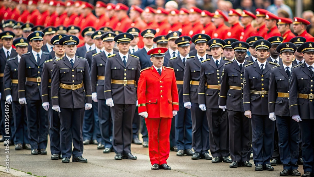 A lone leader in red standing out in a sea of conformity