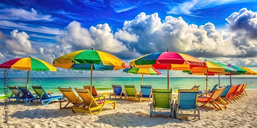 A vibrant beach scene with colorful umbrellas and lounge chairs