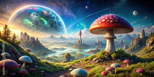 Fantasy world panorama with mushroom on alien planet photo