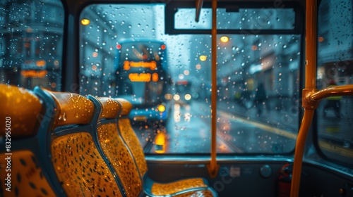 A captivating view from inside a bus with yellow seats on a rainy day, highlighting the urban city's street life with bokeh lights and raindrops on the windows, creating a serene and reflective mood photo