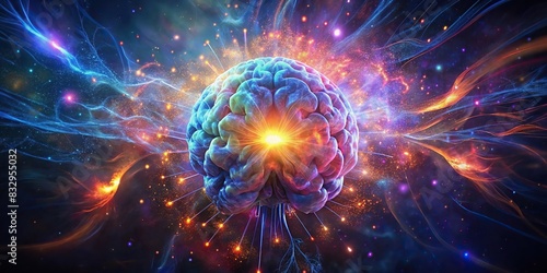 Colorful human brain exploding with knowledge, emotions, and creativity in generative glow photo