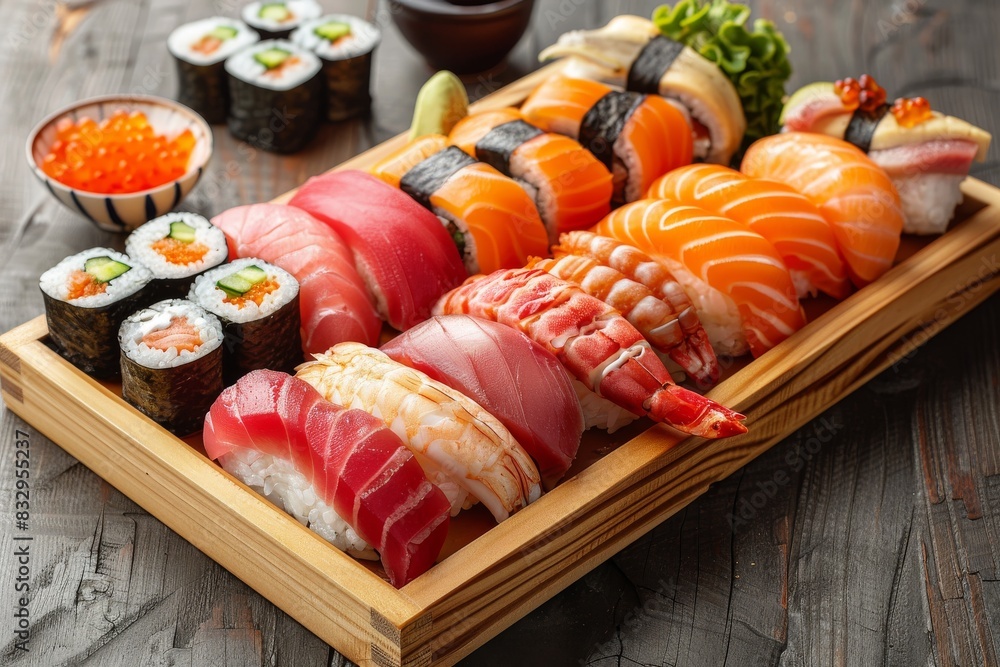 Assorted Sushi Platter on Wooden Tray Assorted Sushi Platter on Wooden Tray