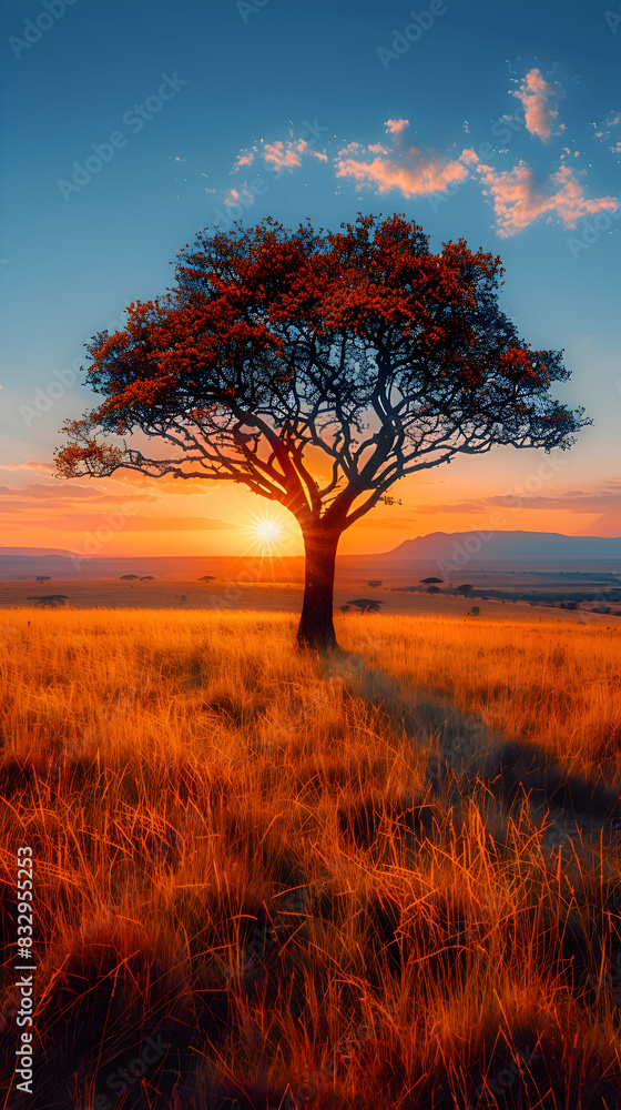 A panoramic view of a tranquil nature savanna at dusk, the last light of the day creating a serene atmosphere A panoramic view of a tranquil nature savanna at dusk, the last light of the day creating a serene atmosphere