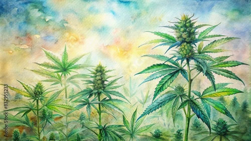 Flowering mature marijuana plants with buds and green leaves in indoor plantation. Organic female cannabis sativa with CBD. Watercolor painting