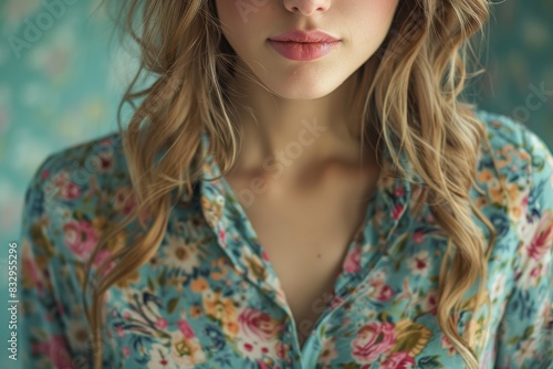 A close-up image showcasing a woman wearing a floral-patterned shirt with soft focus in the background  highlighting light-colored waves of hair over her shoulders in a serene and gentle setting