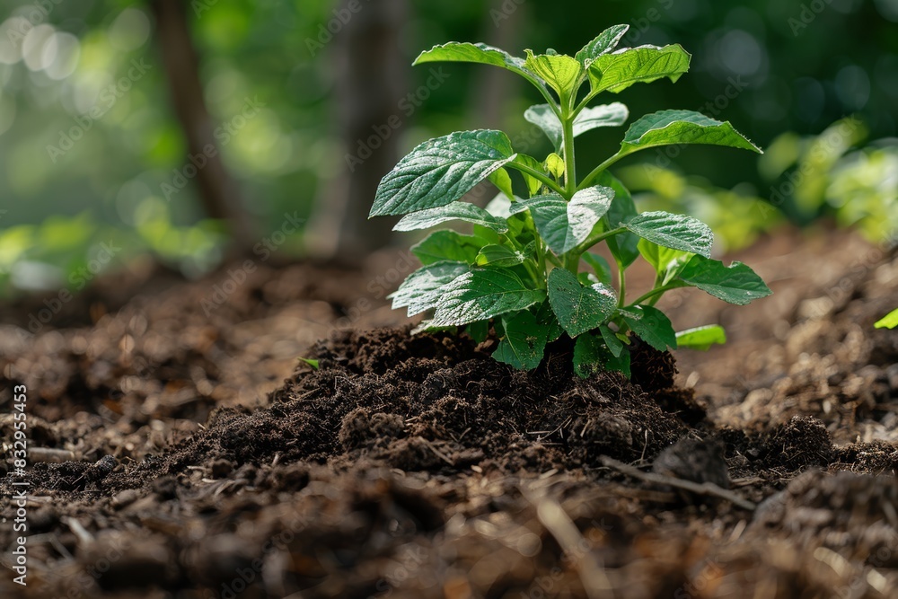 A close-up of a young green plant emerging from rich, dark soil in a garden, capturing the essence of growth and the nurturing aspect of nature A close-up of a young green plant emerging from rich, dark soil in a garden, capturing the essence of growth and the nurturing aspect of nature