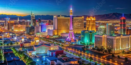 A scenic view of the iconic Las Vegas skyline at night  with colorful neon lights illuminating the cityscape