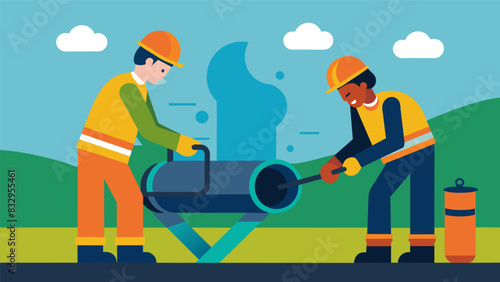 Two workers welding pipes together to create a new section of pipeline at the natural gas extraction site.. Vector illustration