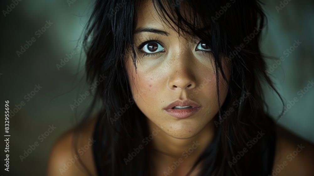 A close-up portrait of a young woman with long black hair and intense gaze, capturing deep emotions and a sense of inner reflection in her eyes A close-up portrait of a young woman with long black hair and intense gaze, capturing deep emotions and a sense of inner reflection in her eyes