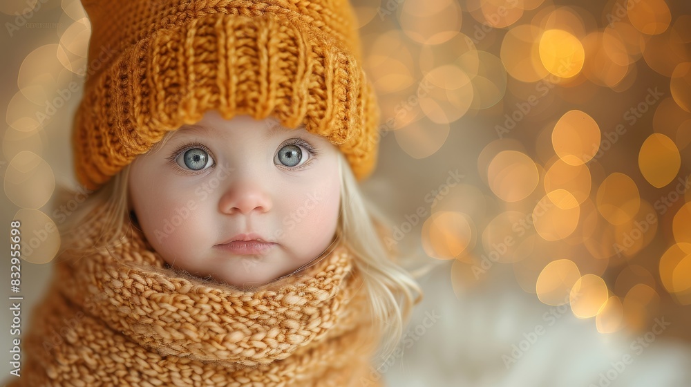 A close-up portrait of an adorable baby with striking blue eyes dressed in a warm, cozy knitted hat and scarf in a bokeh lights background setting A close-up portrait of an adorable baby with striking blue eyes dressed in a warm, cozy knitted hat and scarf in a bokeh lights background setting