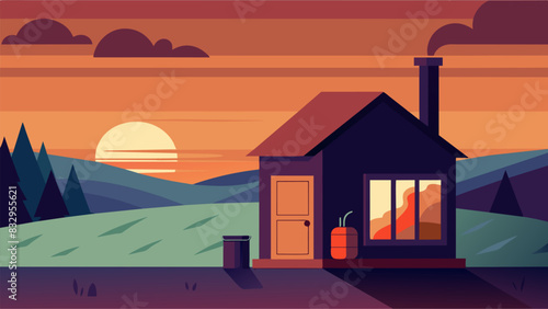 As the sun sets over the horizon the glow from a farmers biomass stove can be seen through the windows of his modest farmhouse.. Vector illustration