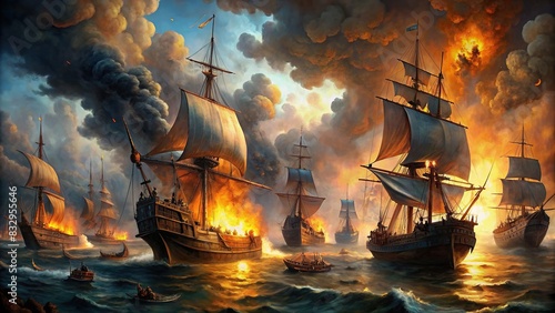 Battle at sea with ships engulfed in flames